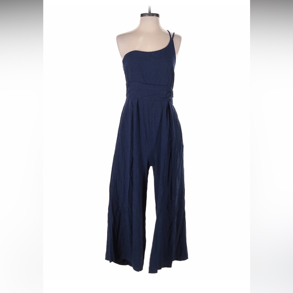 Amazon Pants - Women’s Navy Blue One Shoulder High Waist Linen Jumpsuit Romper Large